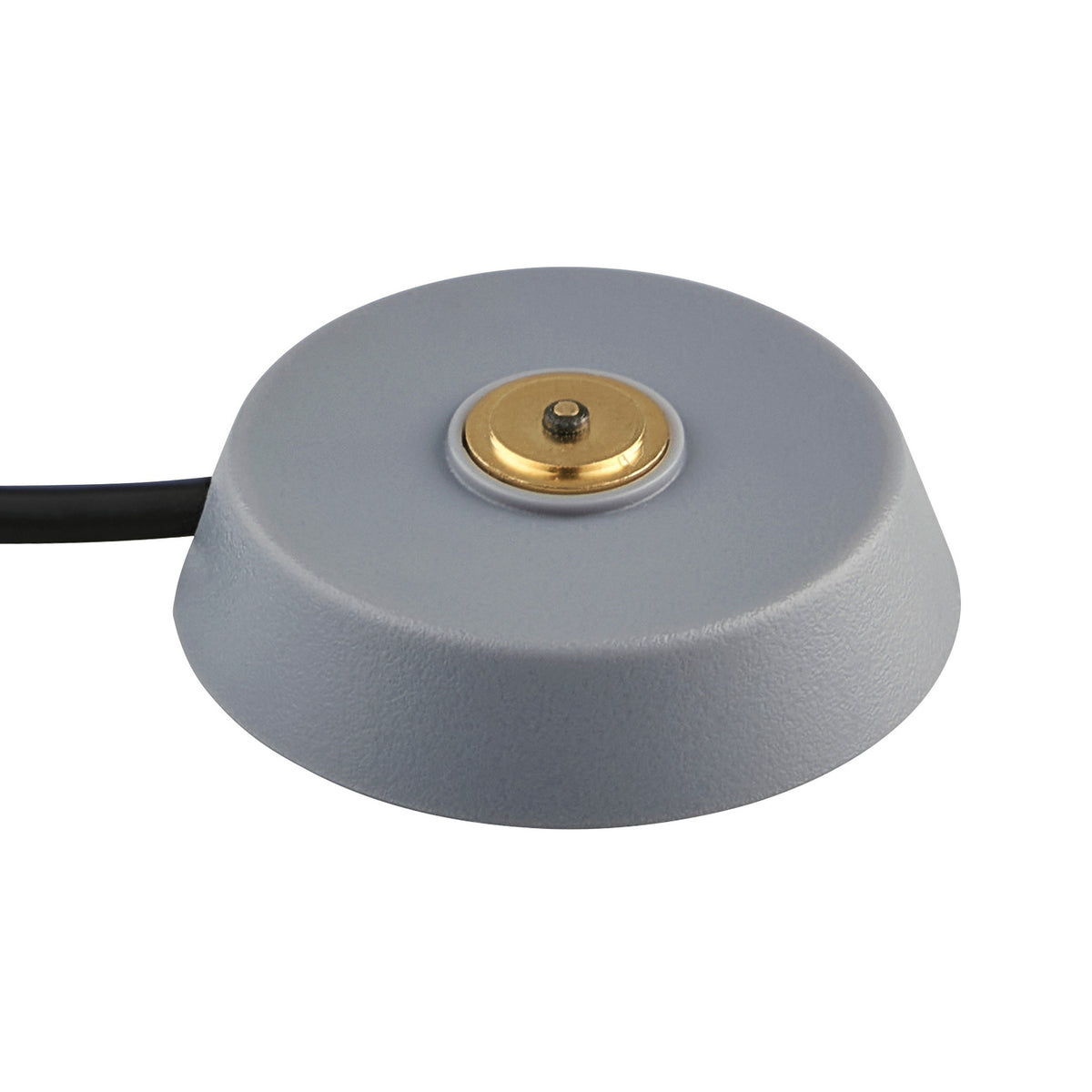 Grey puck-shaped antenna with a brass connector on top and a black cable extending from the side