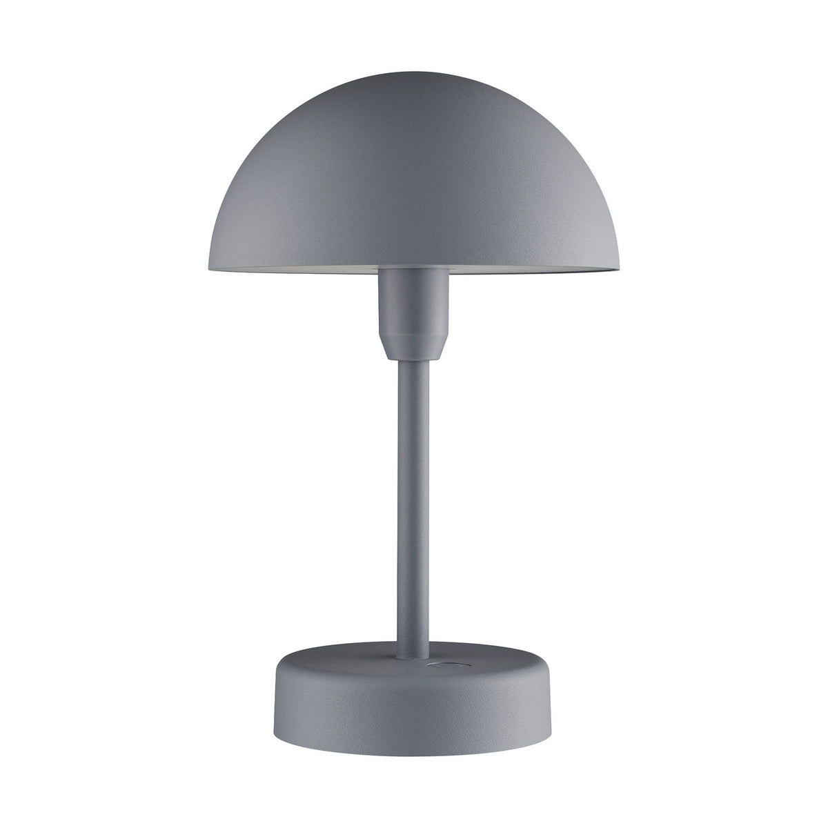 Grey table lamp with a dome-shaped shade and a round base