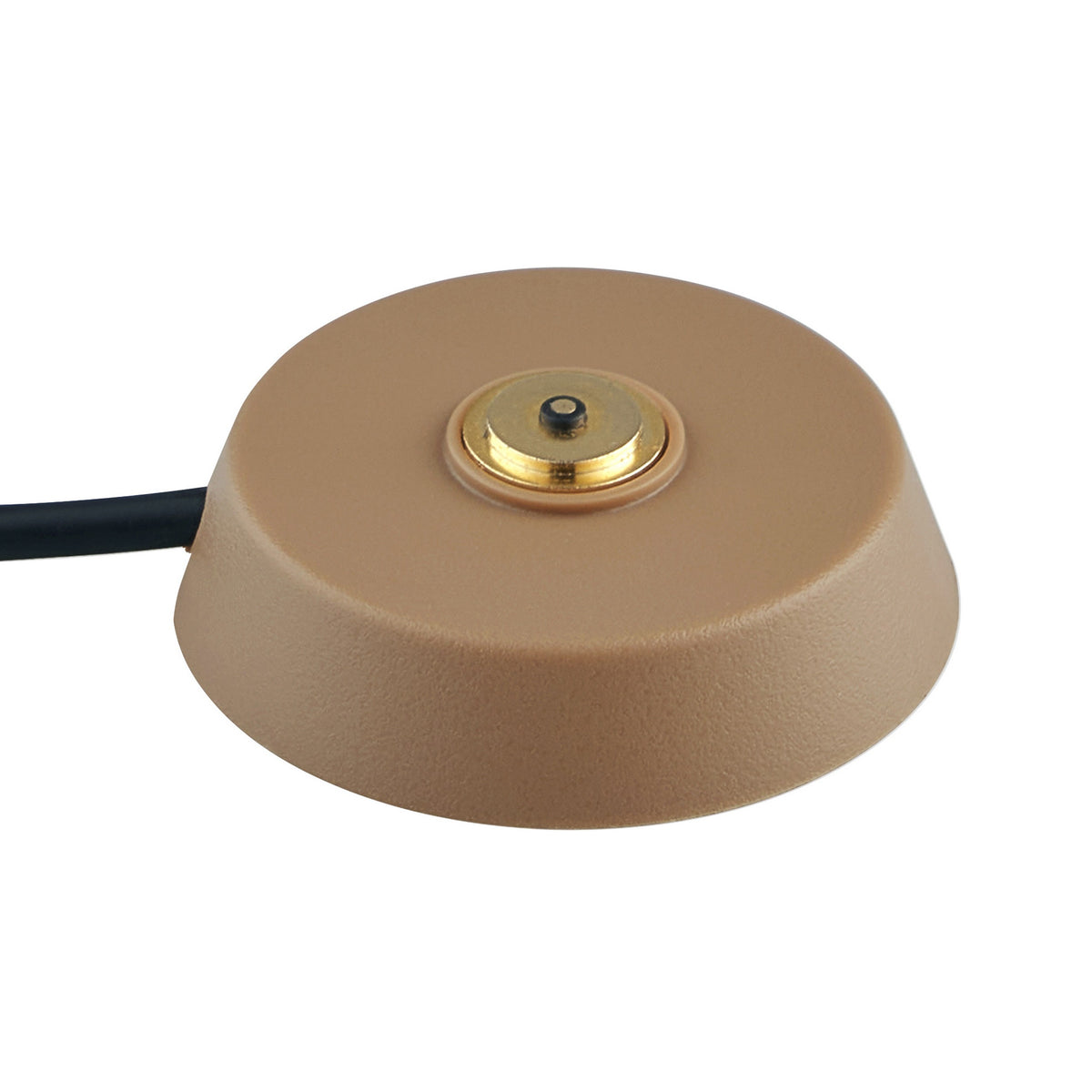 Tan colored puck-shaped antenna with a gold connector in the center and a black wire extending from the side