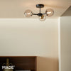 Globe 3 Light Semi Flush Ceiling Light in Matt Black & Antique Brass with Tinted Grey Glass Shades
