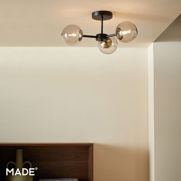 Globe 3 Light Semi Flush Ceiling Light in Matt Black & Antique Brass with Tinted Grey Glass Shades