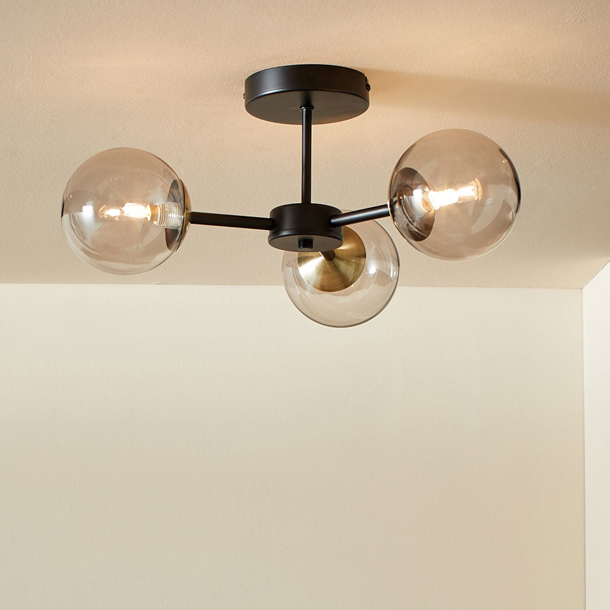 Globe 3 Light Semi Flush Ceiling Light in Matt Black & Antique Brass with Tinted Grey Glass Shades