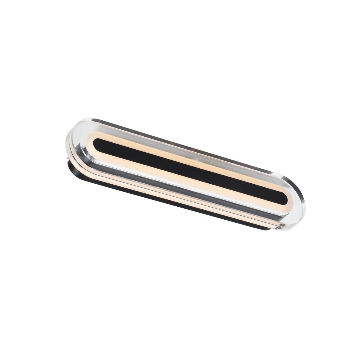 Black and clear oval shaped light fixture with a gold interior
