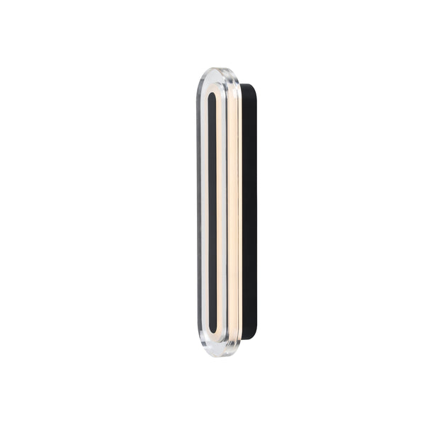 Clear acrylic wall sconce with a black base and a gold-colored inner strip