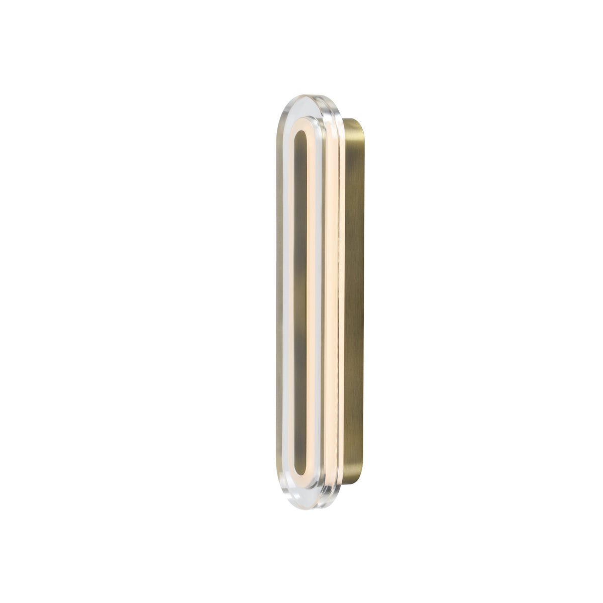 Vertical brass and clear acrylic wall sconce with an illuminated inner strip