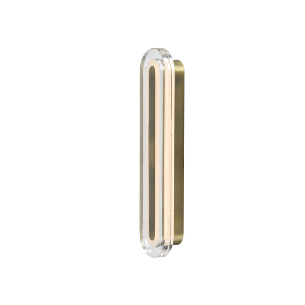 Vertical brass and clear acrylic wall sconce with an illuminated inner strip