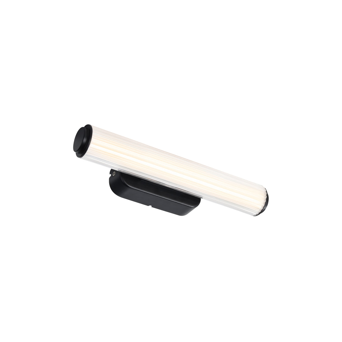 Black and white cylindrical wall light with a ribbed glass shade