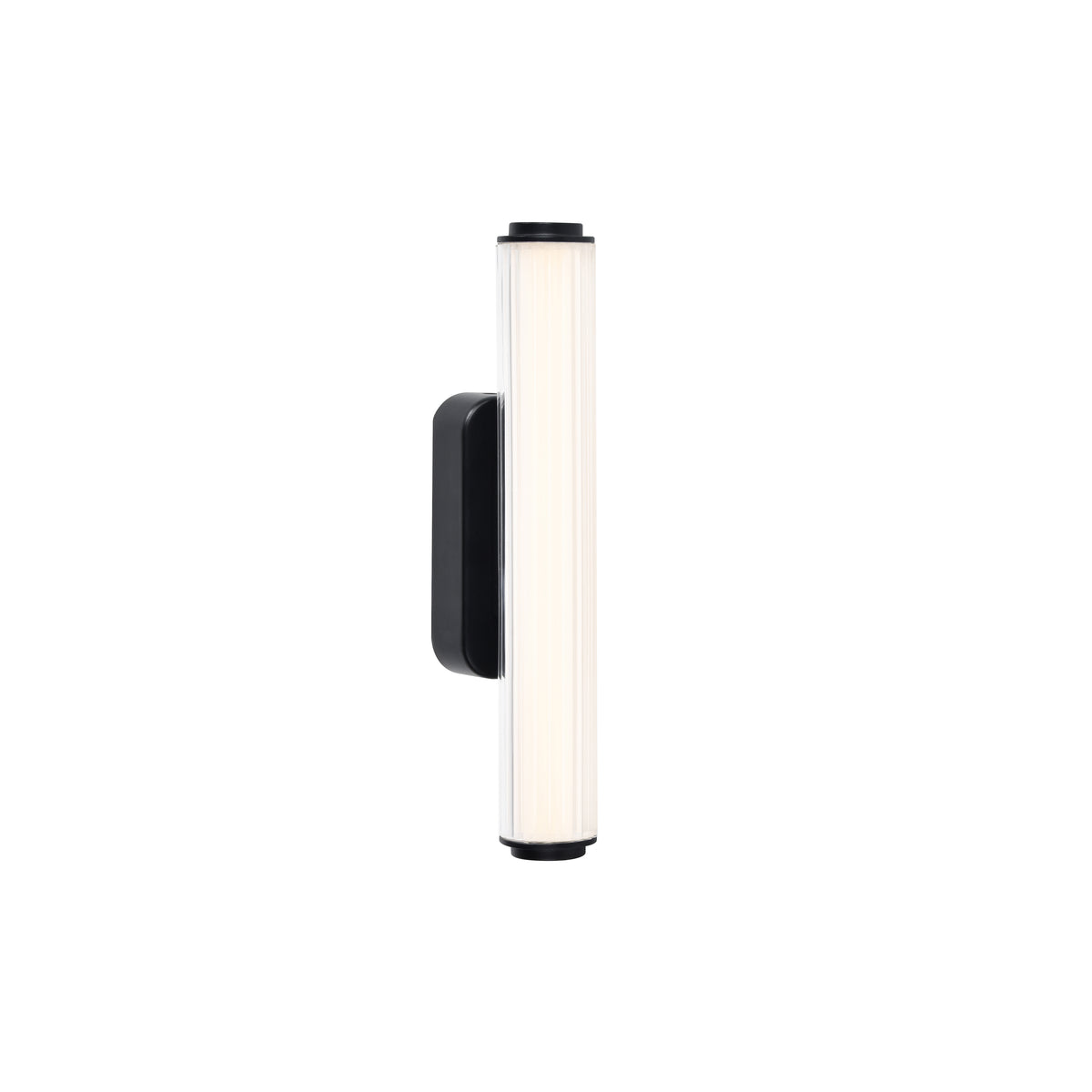 Black and white vertical wall sconce with a ribbed glass shade