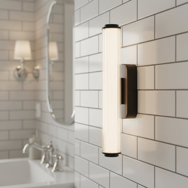 Vertical vanity light with a black base and a clear ribbed glass shade