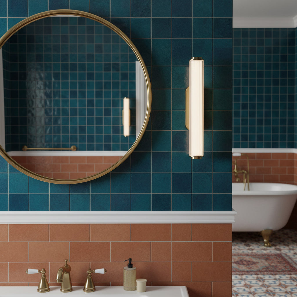 Bathroom with teal square tiles and terracotta rectangular tiles, a round mirror, and a vertical light fixture