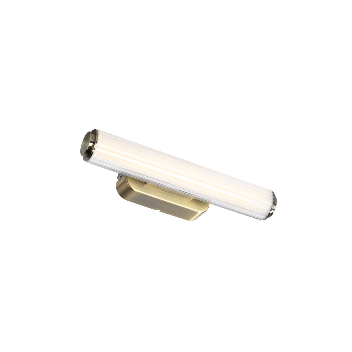 Horizontal brass vanity light with a ribbed glass shade