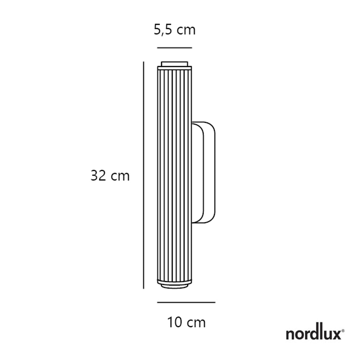 Nordlux brand graphic showing the dimensions of a wall light. It is 32 cm high, 5.5 cm wide, and 10 cm deep
