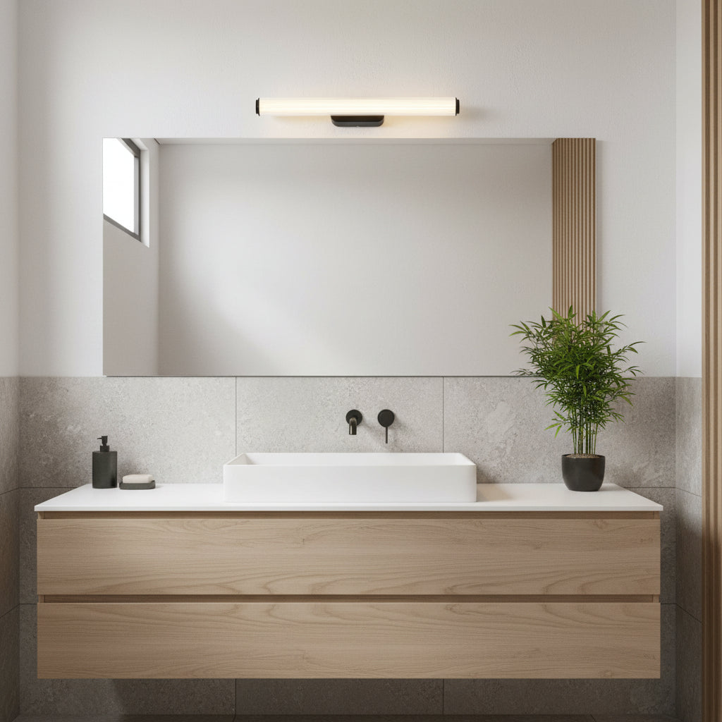 Modern bathroom with a large mirror, a wooden vanity with a white rectangular sink, and a potted plant