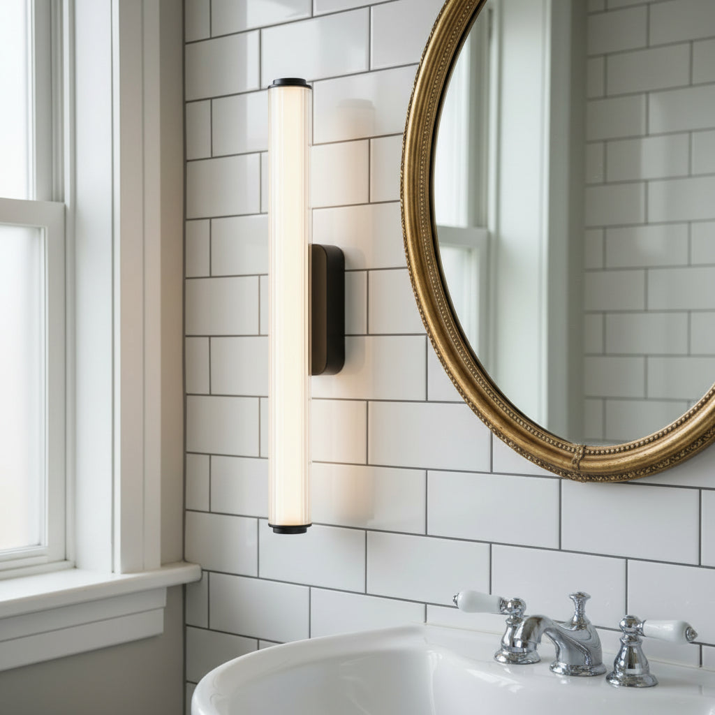 Vertical vanity light with a black base and a white cylindrical shade next to a gold framed mirror