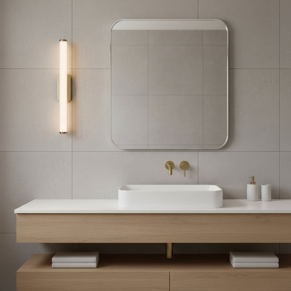 Bathroom vanity with a rectangular mirror, a white rectangular sink, and a wooden cabinet with two drawers