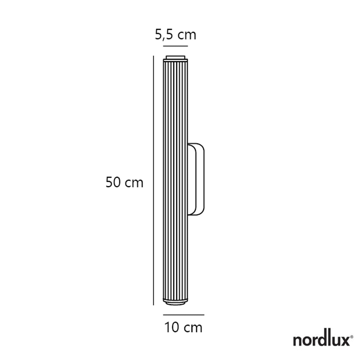 Nordlux brand graphic with product dimensions: 50 cm height, 5.5 cm width, 10 cm depth