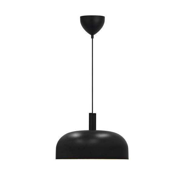 Black pendant light with a domed shade and a black cord, hanging from a black ceiling cup