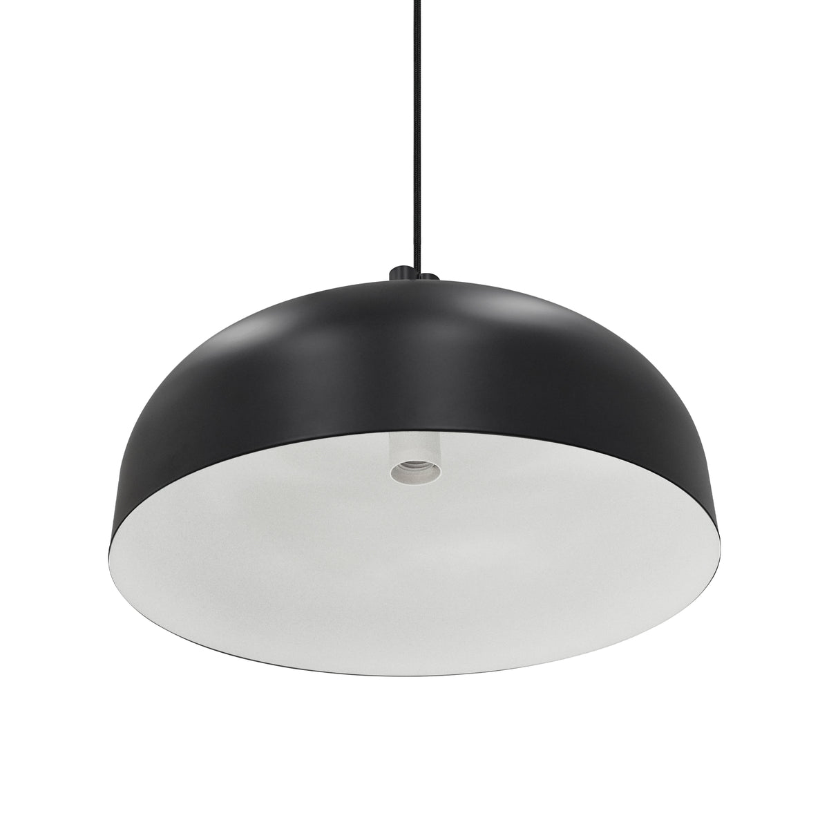 Black dome-shaped pendant light with a white interior and a visible light bulb socket