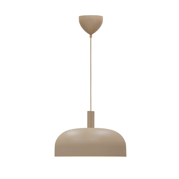 Beige pendant light with a dome-shaped shade and a conical ceiling mount