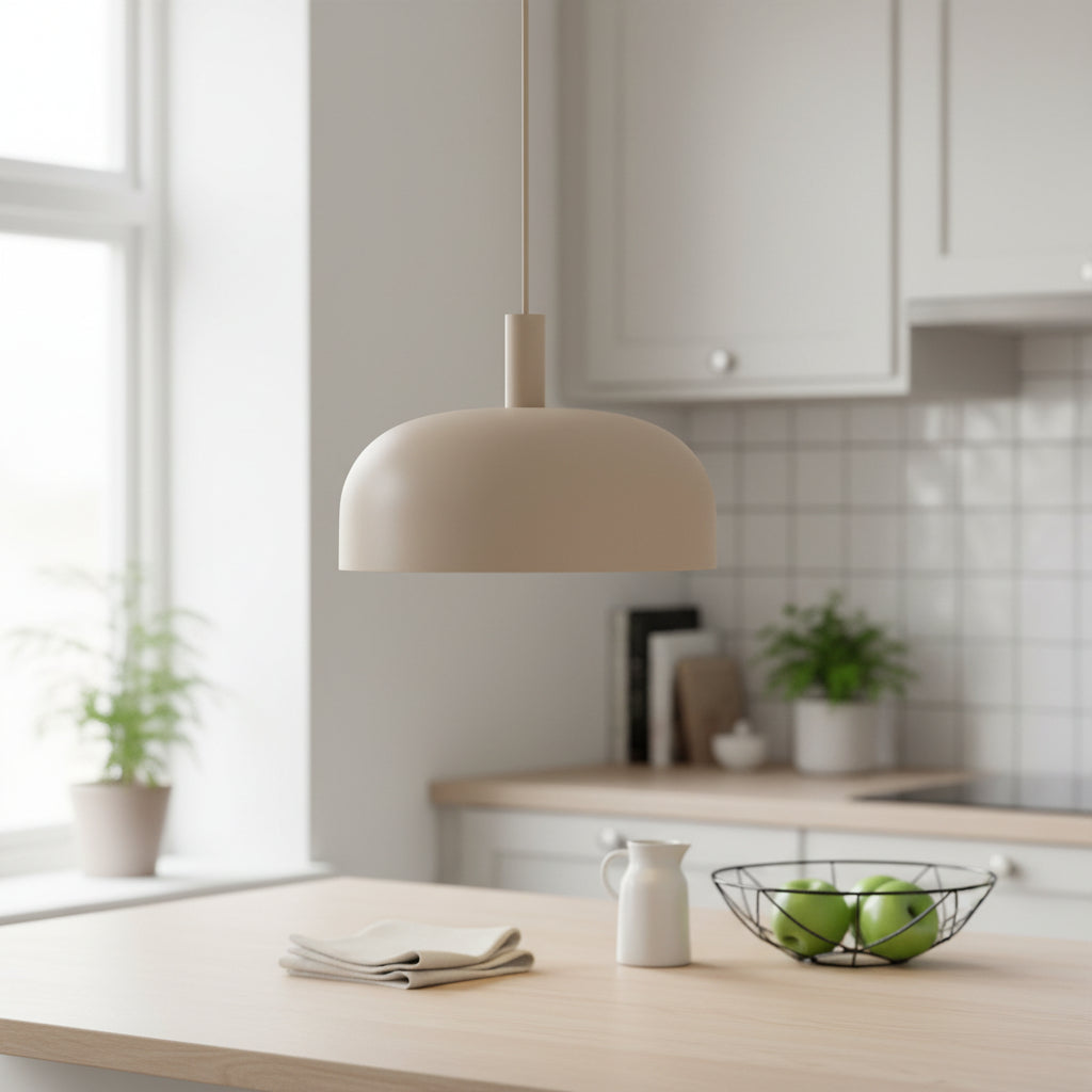 Beige pendant light hanging above a light wood kitchen island with green apples in a black wire bowl