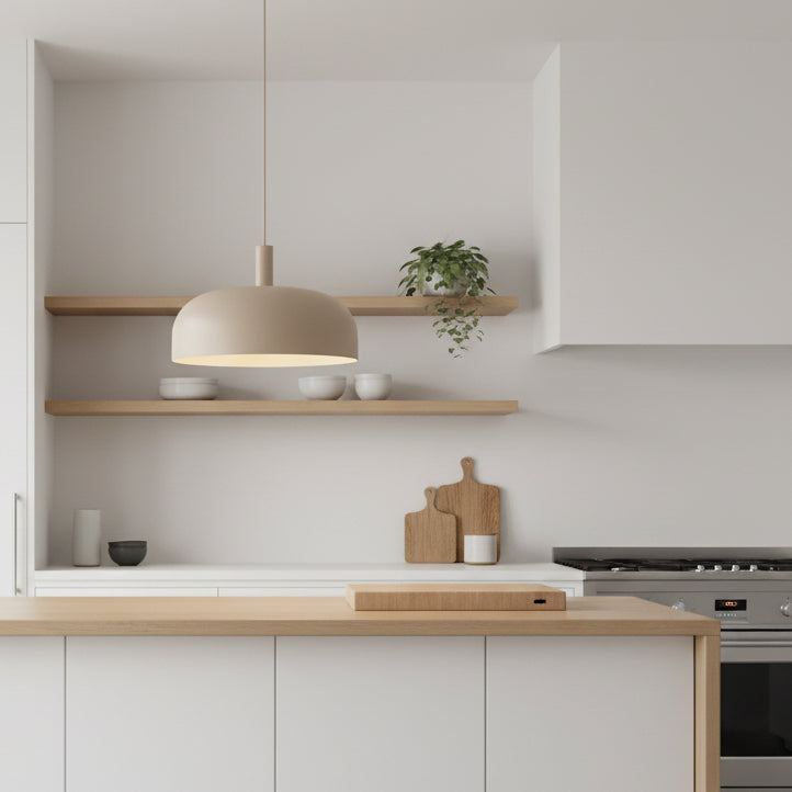 Modern kitchen with light wood countertops, white cabinets, and a beige pendant light over a gas range