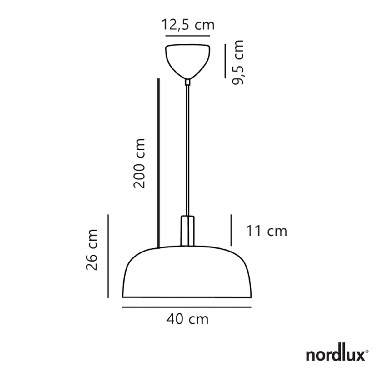 Line drawing of a pendant light with dimensions. Canopy 12.5 cm wide, 9.5 cm high. Shade 40 cm wide, 26 cm high