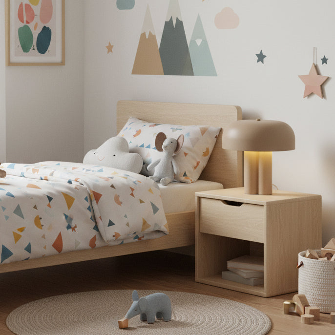 Childrens bedroom with wooden bed, patterned duvet, cloud pillow, mouse toy, and wooden bedside table