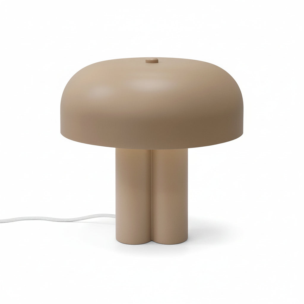 Mushroom-shaped table lamp in a neutral beige color with a white power cord