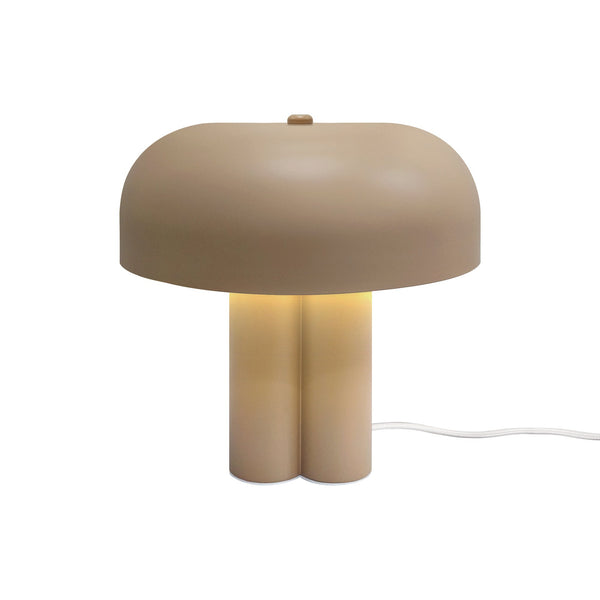 Mushroom-shaped table lamp with a beige shade and two cylindrical bases, emitting a warm glow