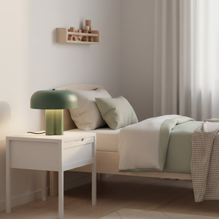 A bedroom with a bed, a nightstand, and a shelf. The bed has a light green duvet and pillows. The nightstand has a green lamp. The shelf has wooden blocks.