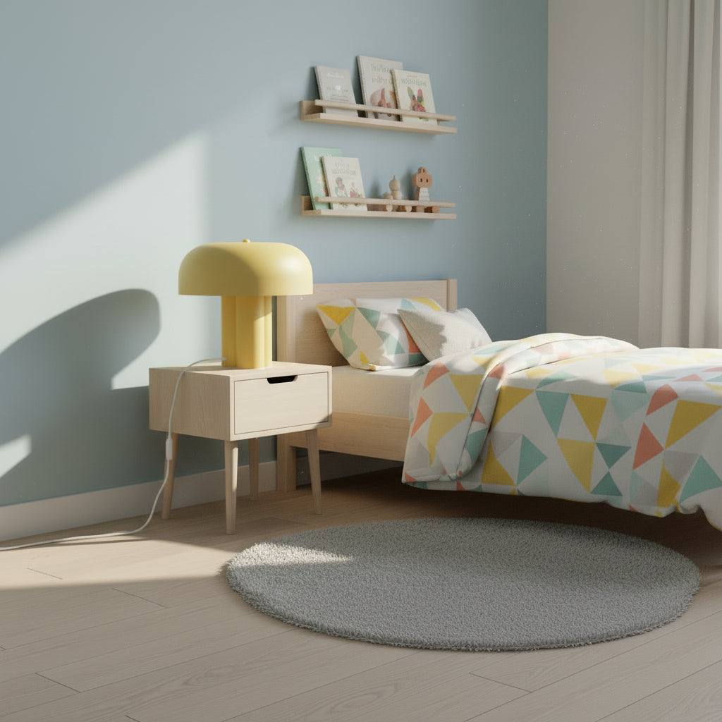 Childrens bedroom with light blue walls, a wooden bed, and a yellow mushroom lamp on a bedside table