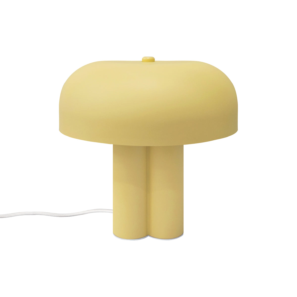 Yellow mushroom-shaped table lamp with two cylindrical legs and a white power cord