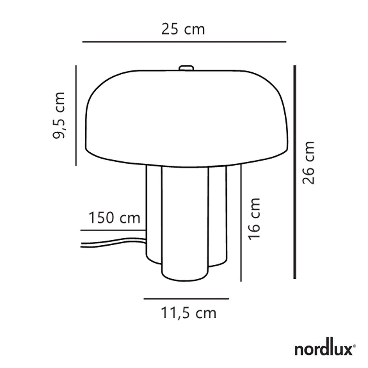 Line drawing of a table lamp with dimensions: 25 cm wide, 26 cm high, 11.5 cm base, 150 cm cord
