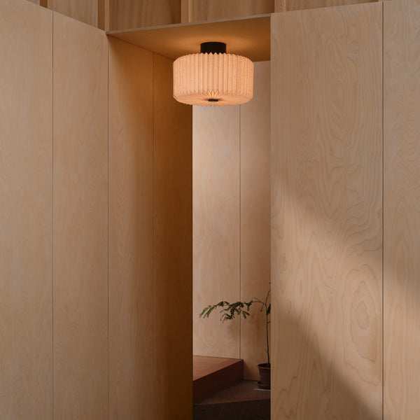 A light wood room with a pleated circular ceiling light and a small plant in a pot