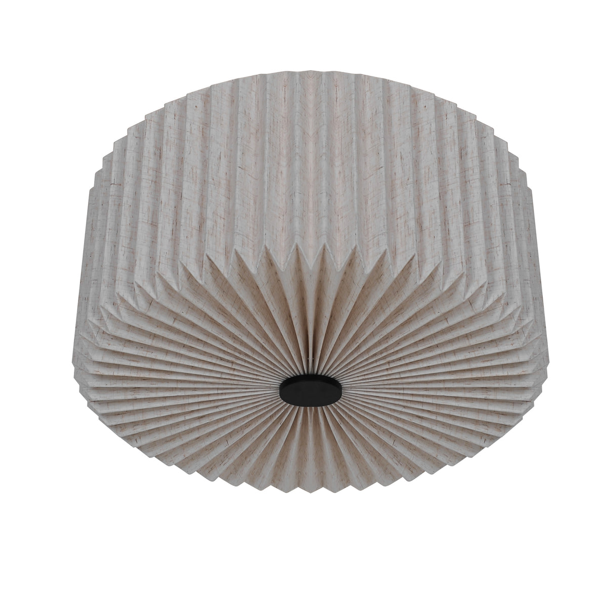 Round pleated ceiling light in a light beige fabric with a black center