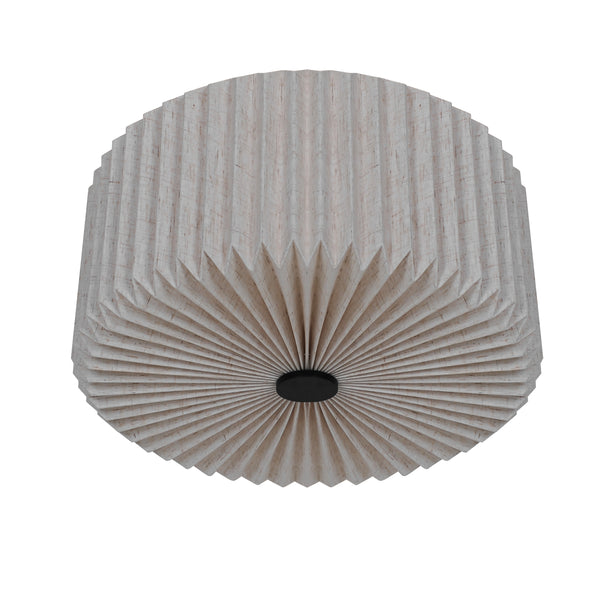 Round pleated light fixture in a light beige color with a black circular center