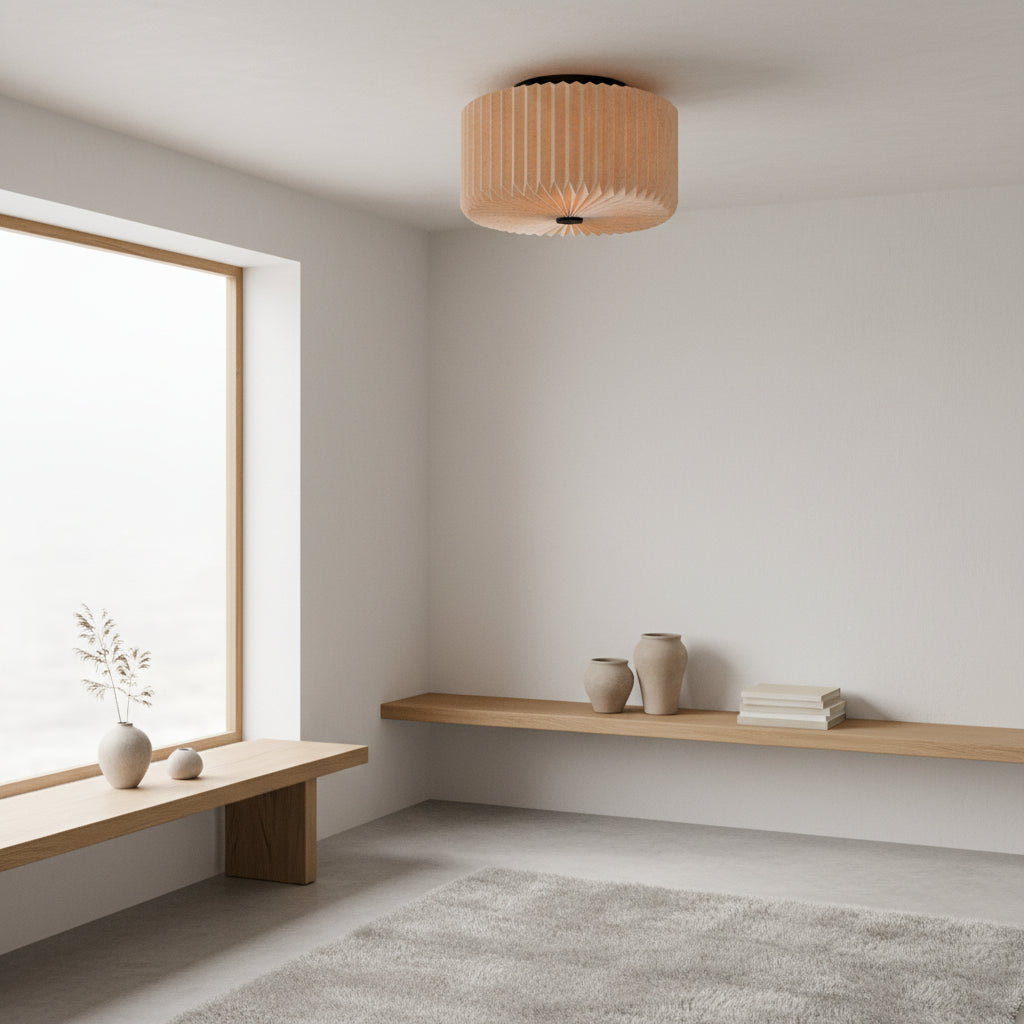 A minimalist room with a large window, wooden benches, and a pleated ceiling light