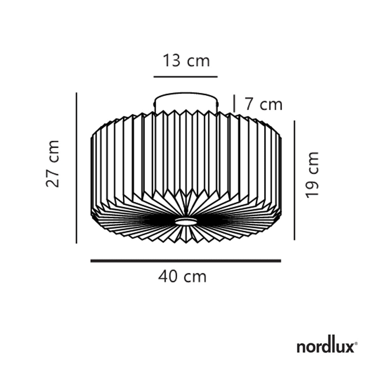 Line drawing of a ceiling light with dimensions: 40 cm diameter, 27 cm height, 13 cm ceiling mount