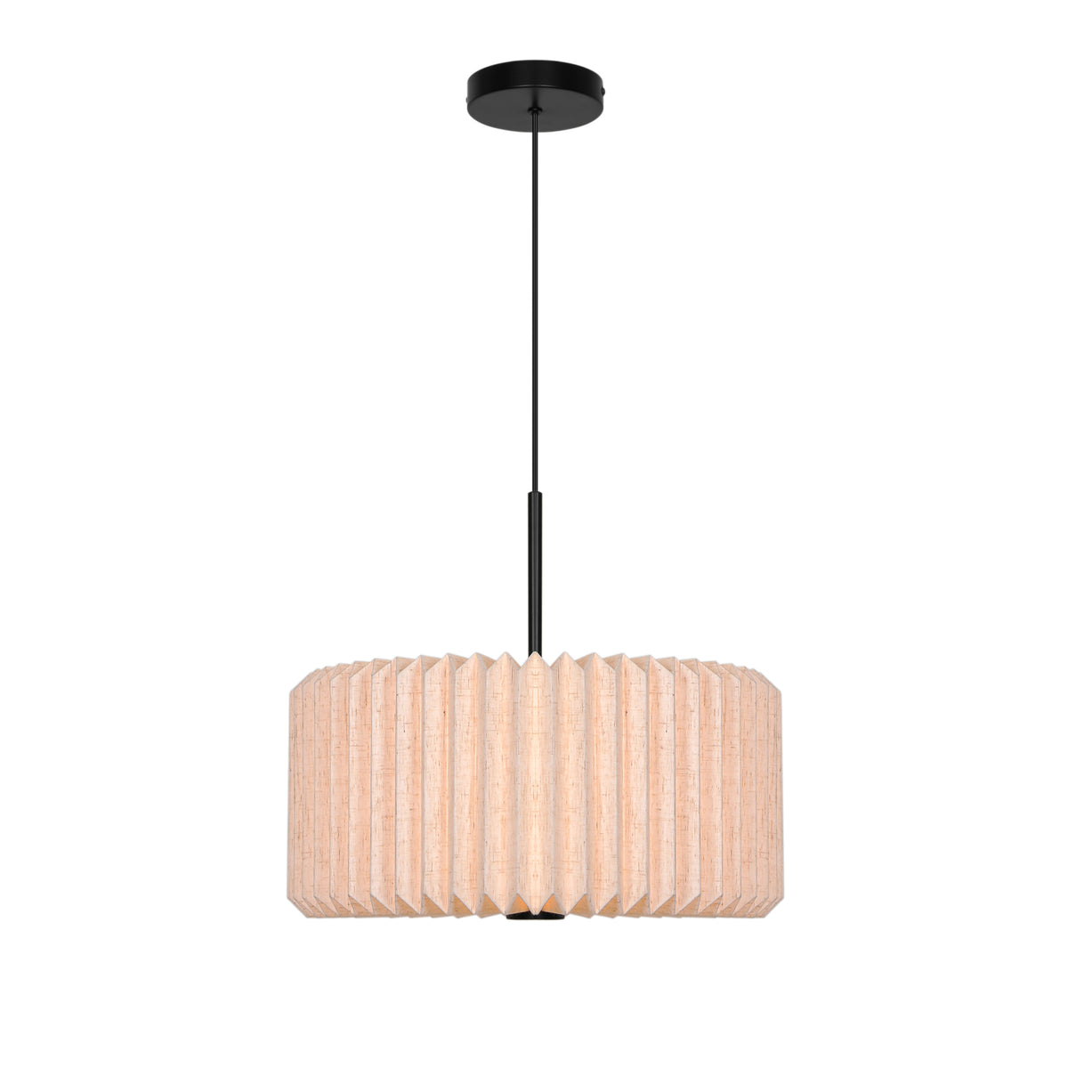Round pendant light with a black ceiling mount and a light brown, pleated fabric shade