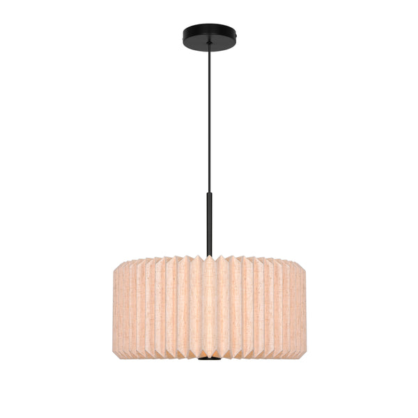 Round pendant light with a black ceiling mount and a light brown, pleated fabric shade