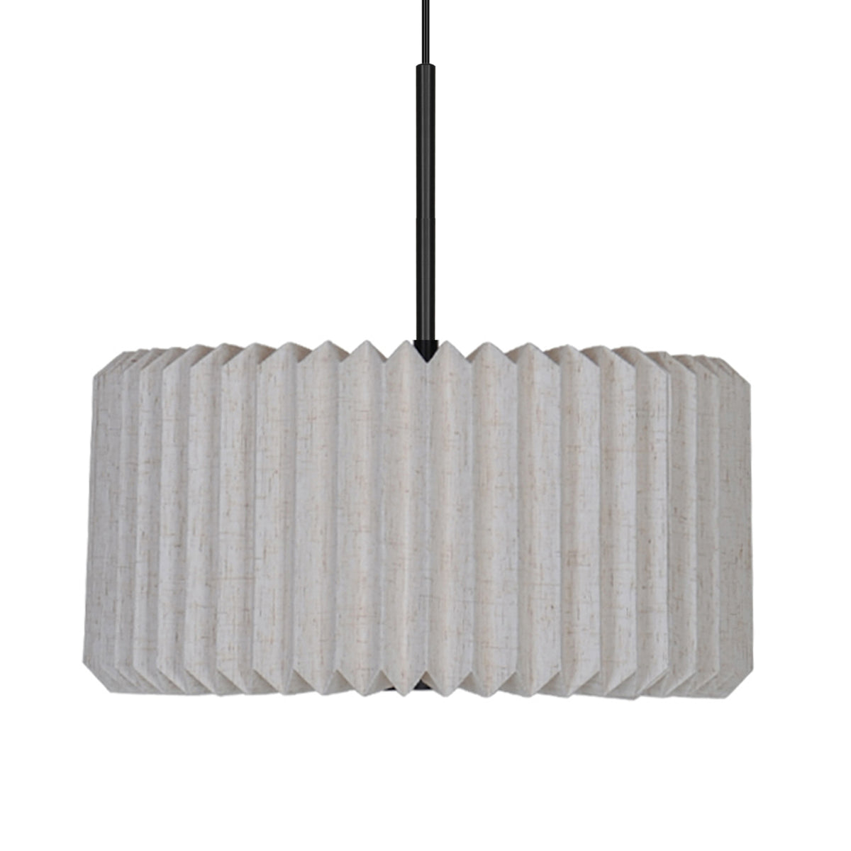 Light beige pleated fabric drum pendant light with a black rod