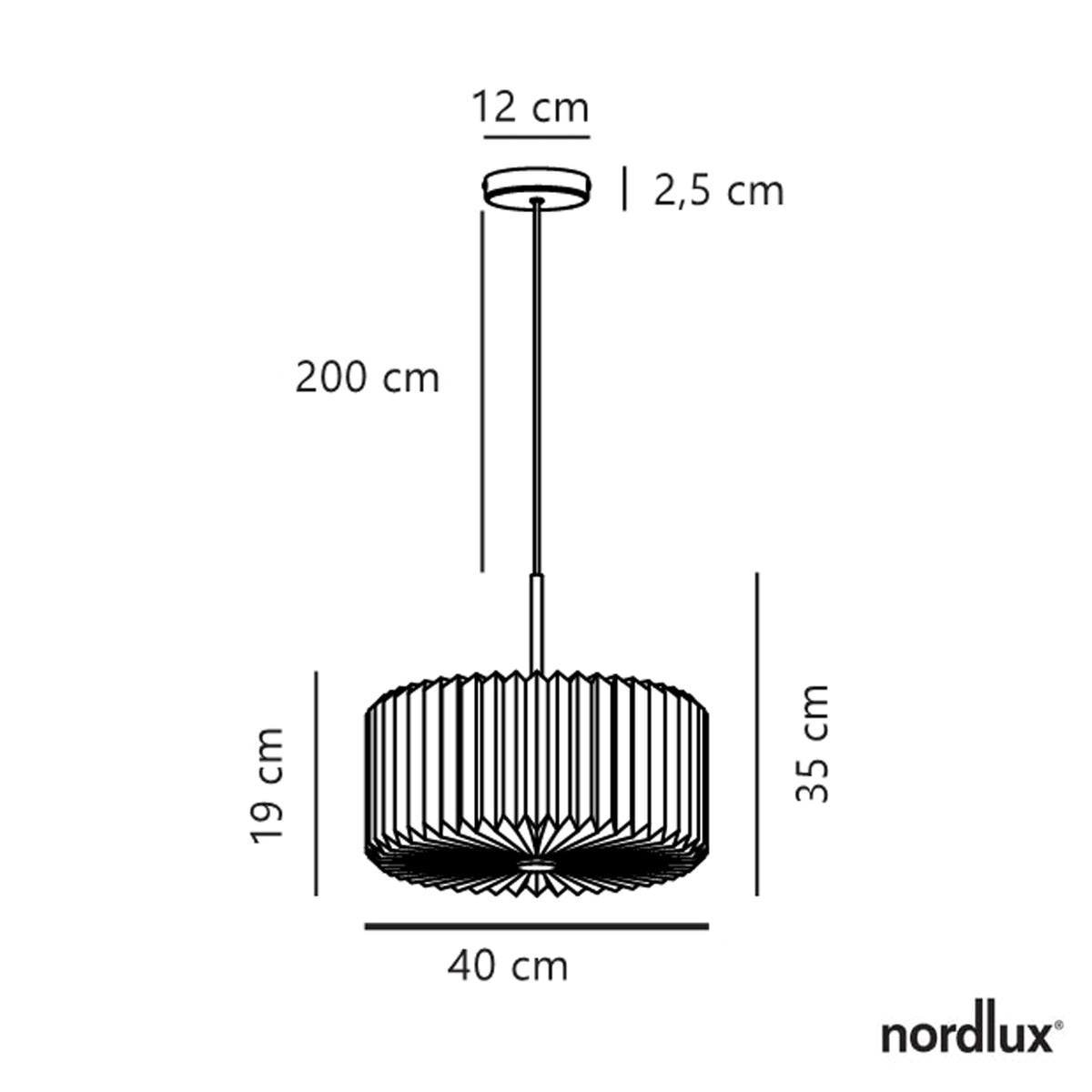 Line drawing of a pendant light with dimensions: 12cm diameter ceiling rose, 200cm cable, 40cm diameter shade