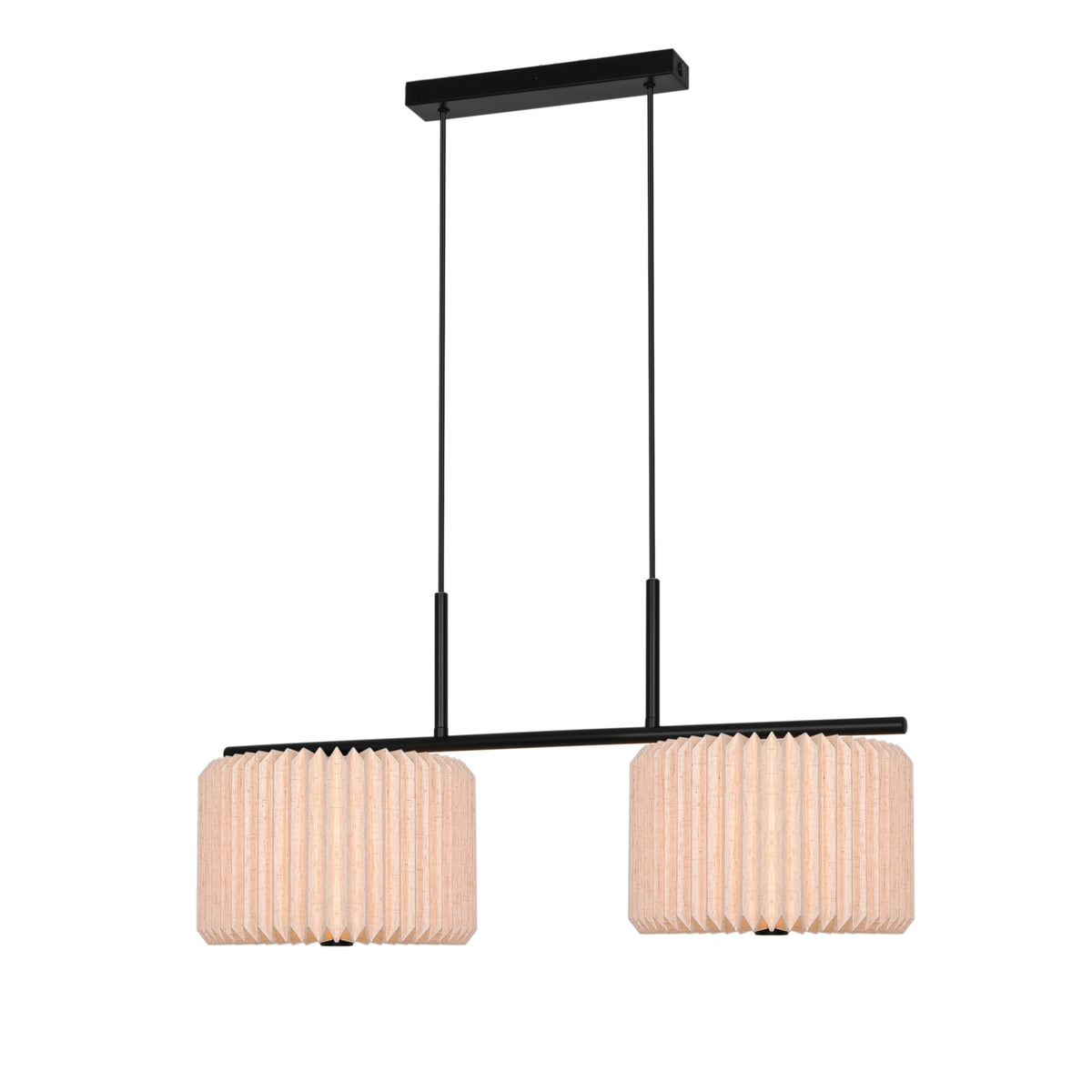 Black linear pendant light with two cylindrical cork shades