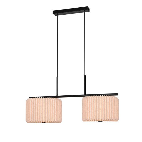 Black linear pendant light with two cylindrical cork shades