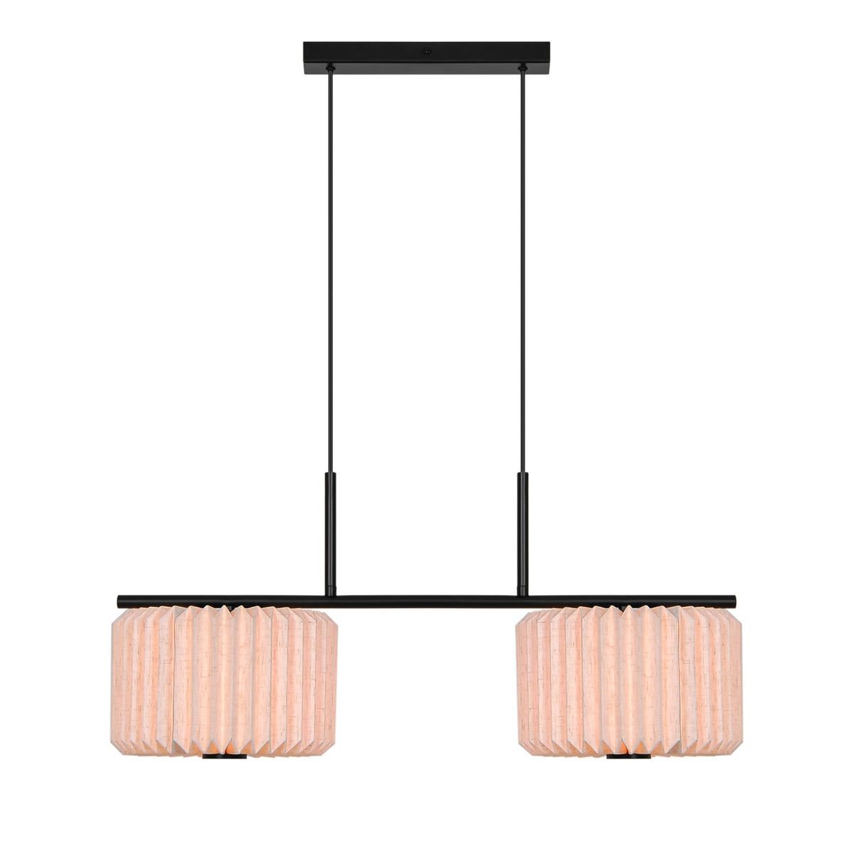 Two light pendant with rectangular black canopy and two cylindrical wood shades