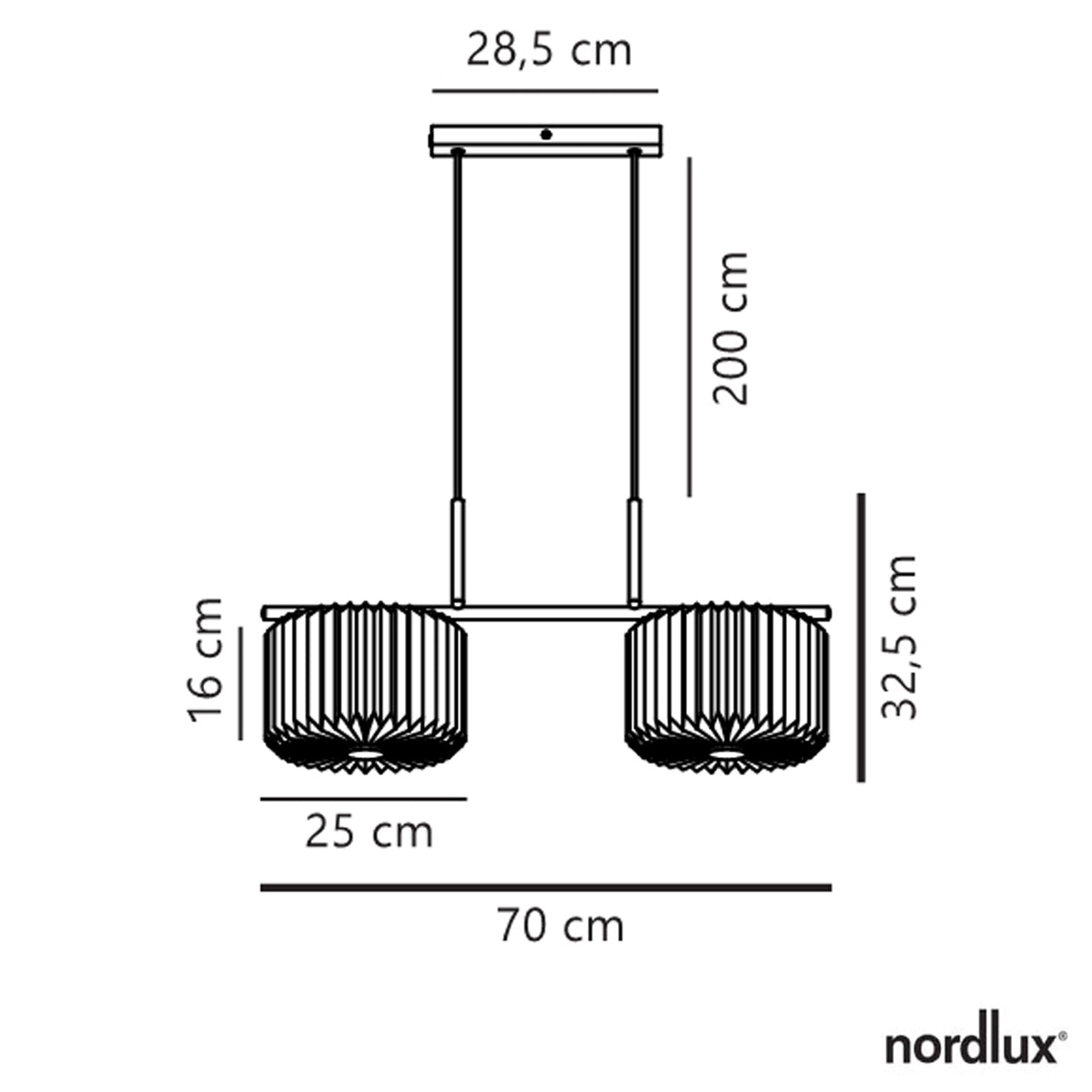 Line drawing of a Nordlux pendant light with two shades and dimensions