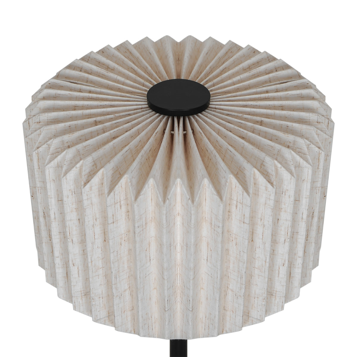 Close up of a pleated fabric lampshade in a light beige color with a black circular top