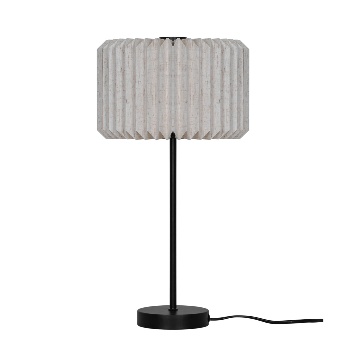 Black table lamp with a pleated, rectangular, light-colored fabric shade