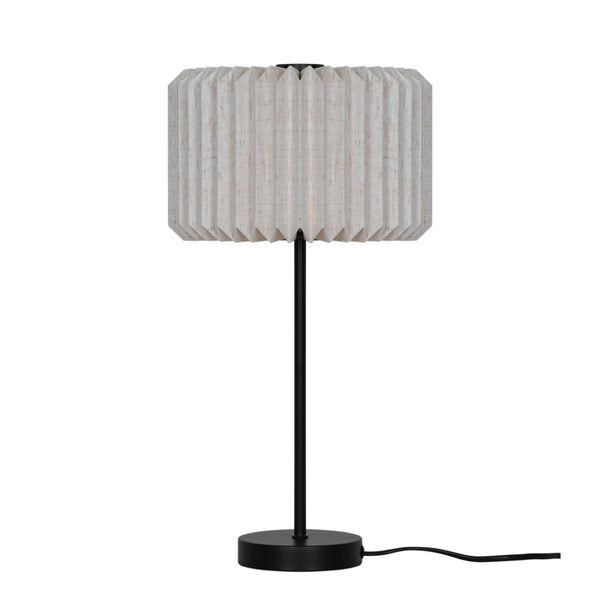 Black table lamp with a pleated, rectangular, light-colored fabric shade