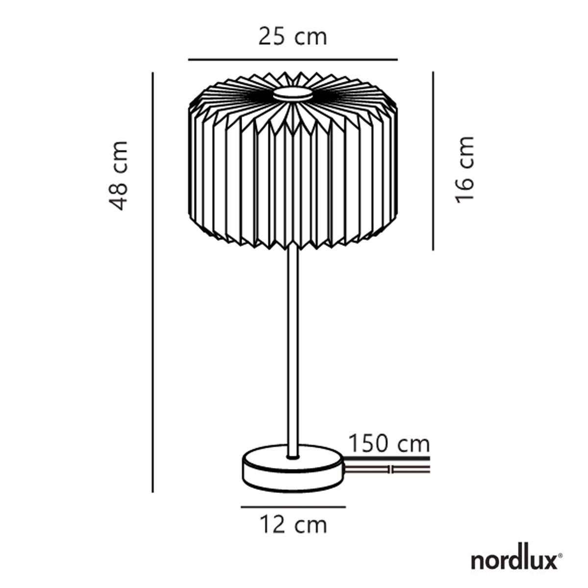 Line drawing of a table lamp with a pleated shade and dimensions